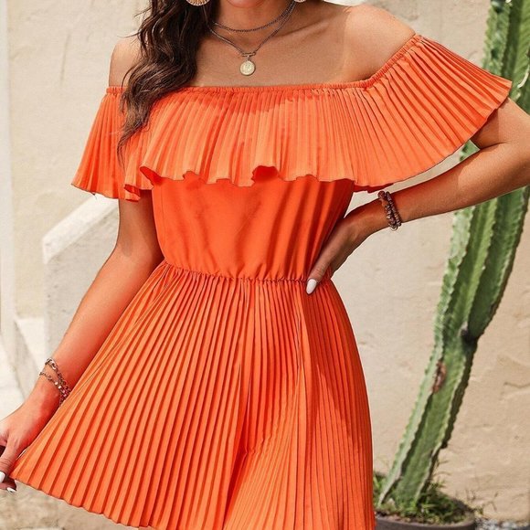 Contemporary Vacay Off Shoulder Ruffle Trim Pleated Detail Romper Orange - Picture 4 of 5